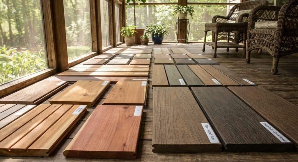 Indoor-Outdoor Living Spaces Atlanta: Year-Round Solutions That Beat Georgia's Climate 3 Composite and wood decking material samples displayed for indoor outdoor living space selection