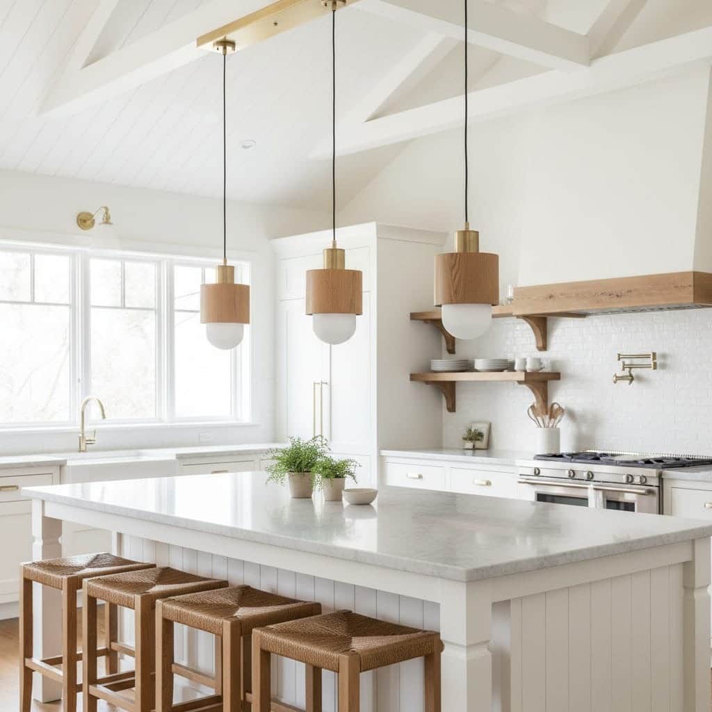 Best 2026 Lighting Trends for Metro Atlanta Home Remodels: Expert Guide to Choosing Kitchen, Bath & Smart Lighting Solutions 2 Modern farmhouse pendant lights with brass and wood accents hanging over kitchen island interior