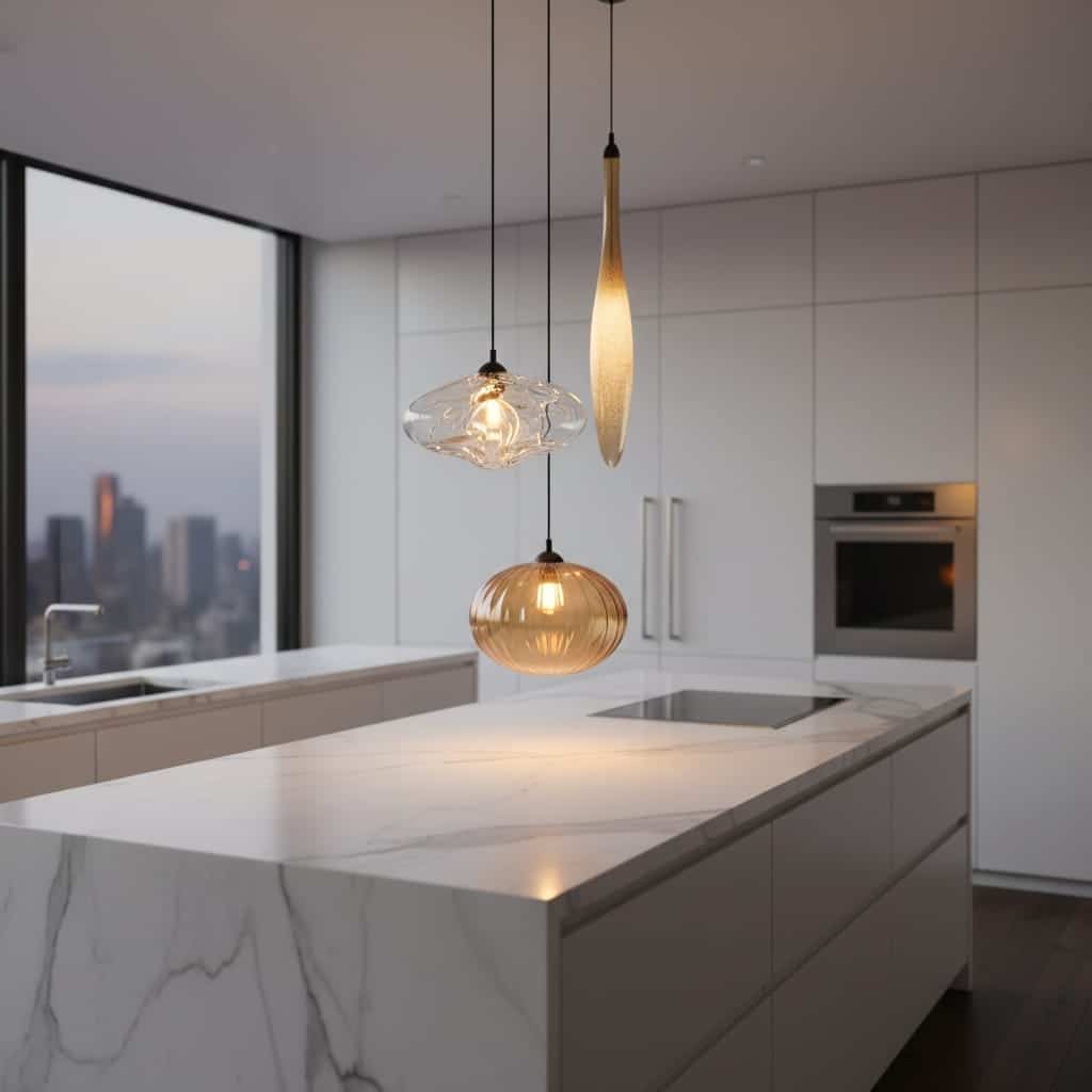 Best 2026 Lighting Trends for Metro Atlanta Home Remodels: Expert Guide to Choosing Kitchen, Bath & Smart Lighting Solutions 1 Three sculptural glass pendant lights at varied heights above kitchen island showing 2026 lighting trends
