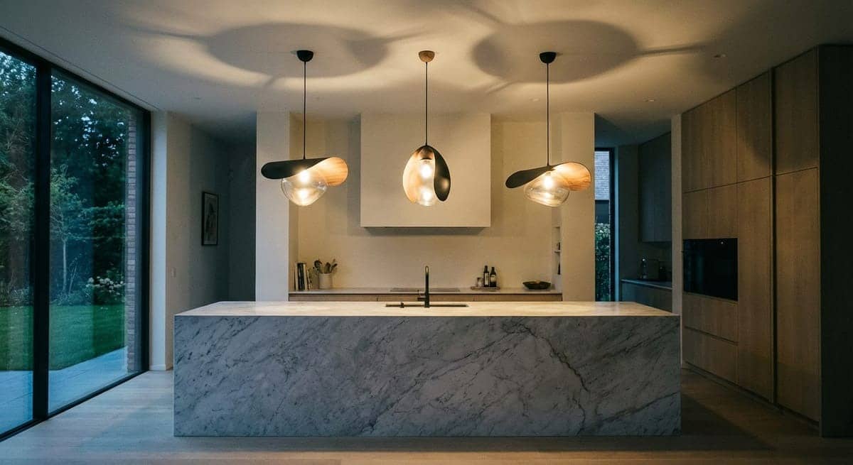 Modern sculptural pendant lighting fixtures suspended over kitchen island showcasing 2026 lighting design trends