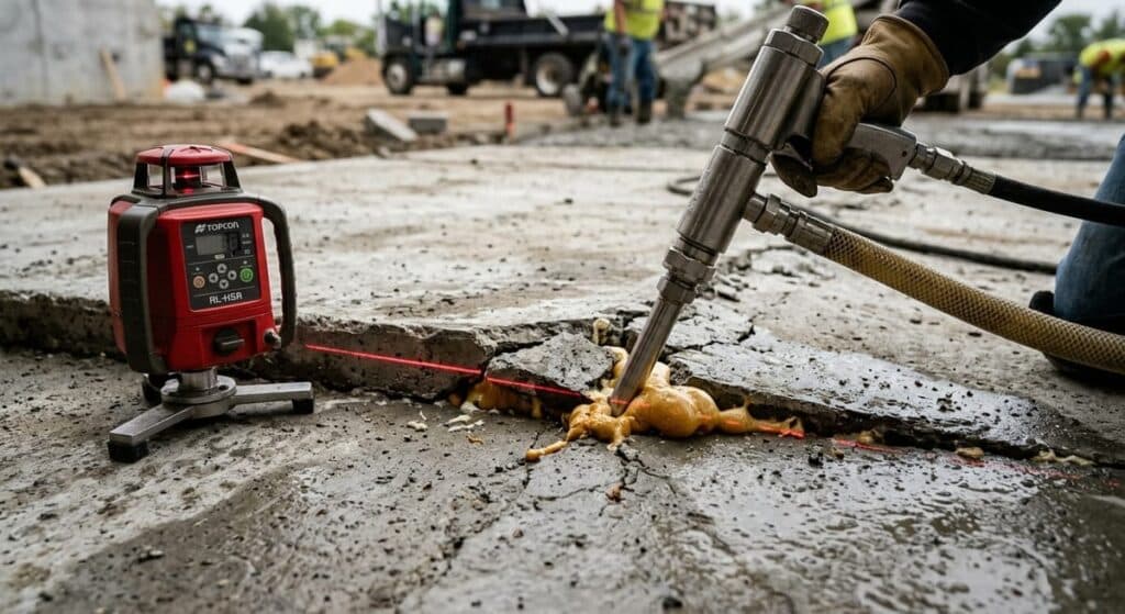 Fix Uneven Commercial Concrete Slabs in Metro Atlanta – Professional Leveling Solutions 3 Polyurethane foam injection port in concrete slab with laser level equipment during commercial repair process