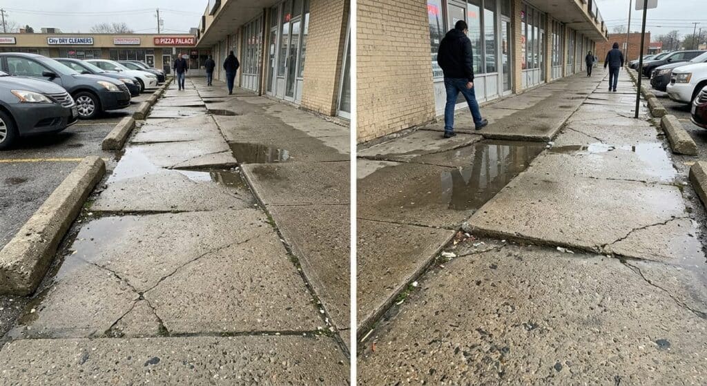 Fix Uneven Commercial Concrete Slabs in Metro Atlanta – Professional Leveling Solutions 1 Uneven commercial concrete slabs with separation gaps, height differences, and water pooling creating safety hazards