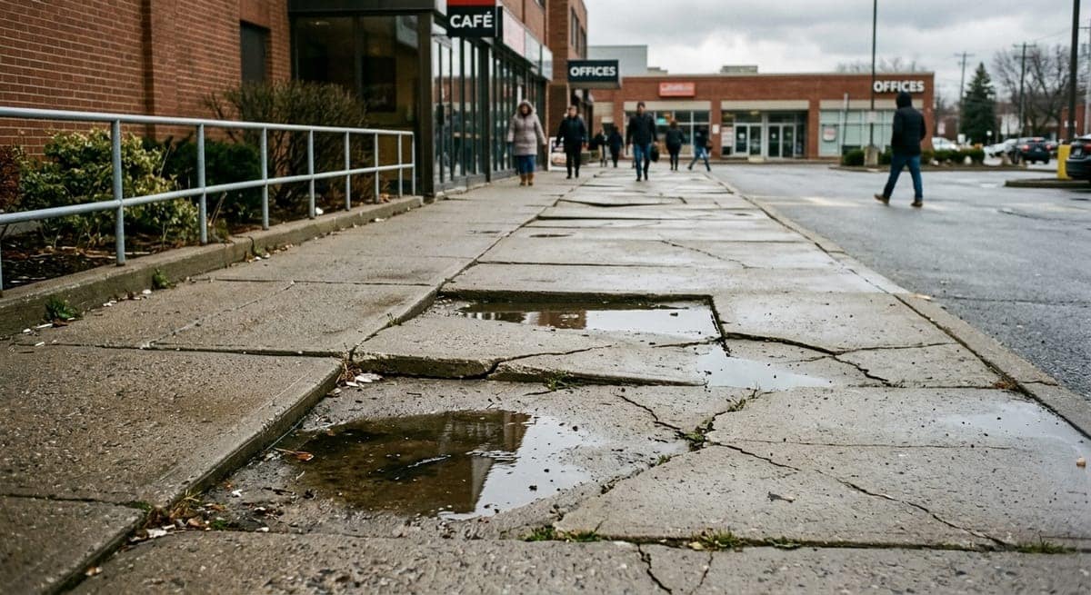 Uneven commercial concrete slabs showing settlement damage, separation gaps, and water pooling issues
