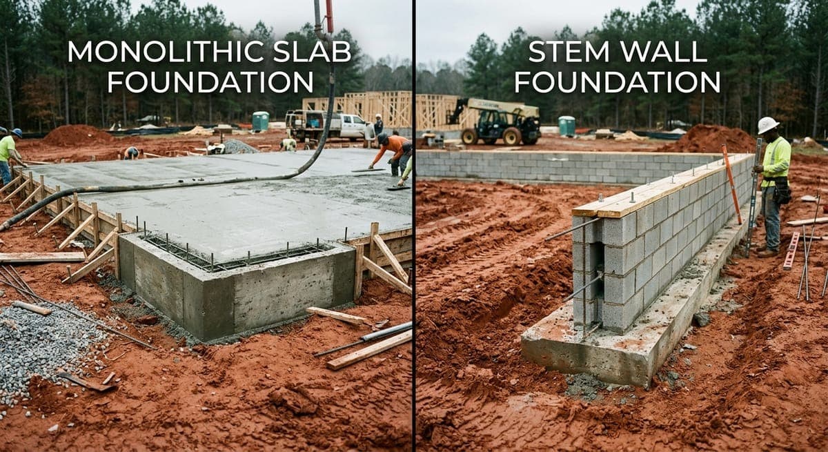 Monolithic slab and stem wall foundation comparison on Georgia red clay construction site