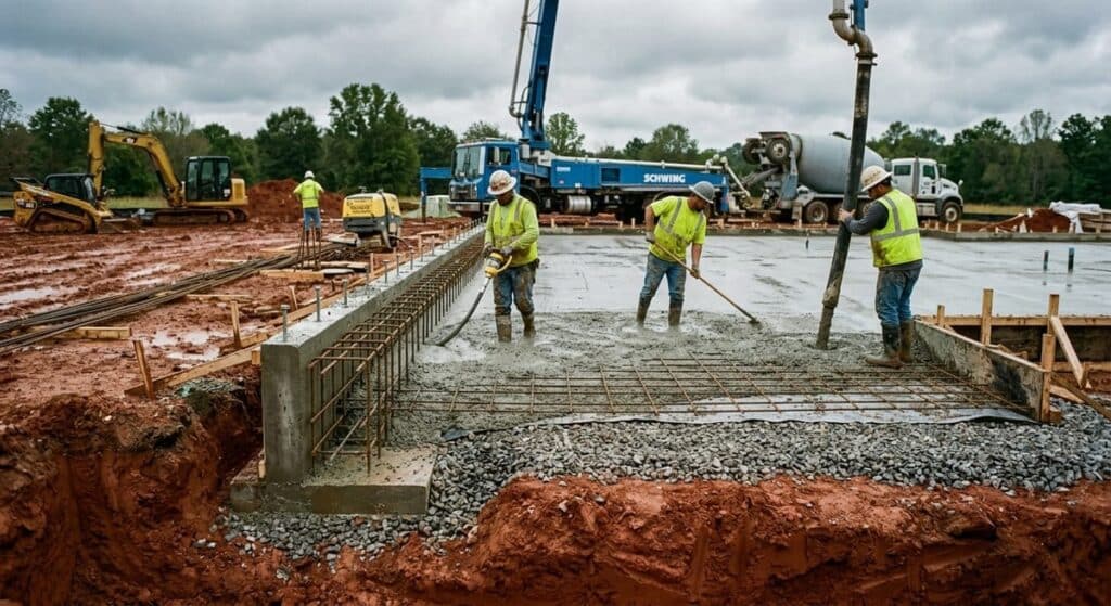 Monolithic Slab vs Stem Wall Foundation Systems: Metro Atlanta Cost Comparison & Selection Guide 2 Monolithic slab foundation being poured on red clay with crushed stone base layer and thickened perimeter edges