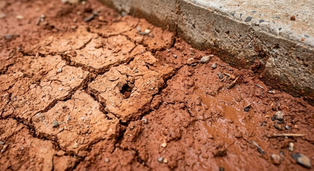 Red clay soil showing expansion cracks and moisture variations affecting foundation systems in Metro Atlanta