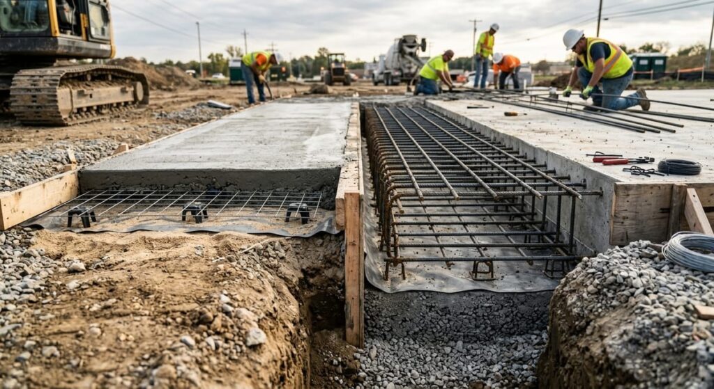 Commercial Concrete Slab Cost Guide for North Metro Atlanta Businesses 2 Comparison of thin residential concrete slab versus thick commercial concrete slab with rebar reinforcement