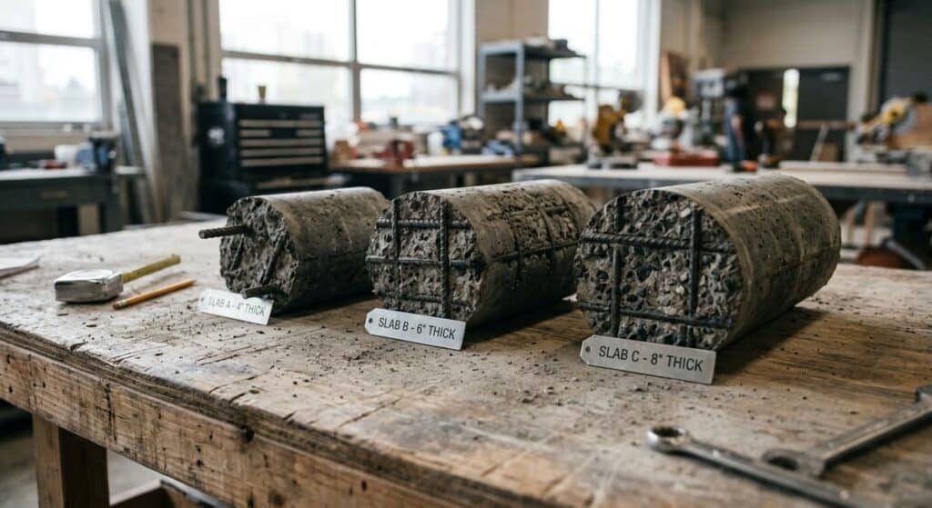Commercial Concrete Slab Cost Guide for North Metro Atlanta Businesses 3 Concrete core samples showing different commercial slab thicknesses and rebar reinforcement specifications