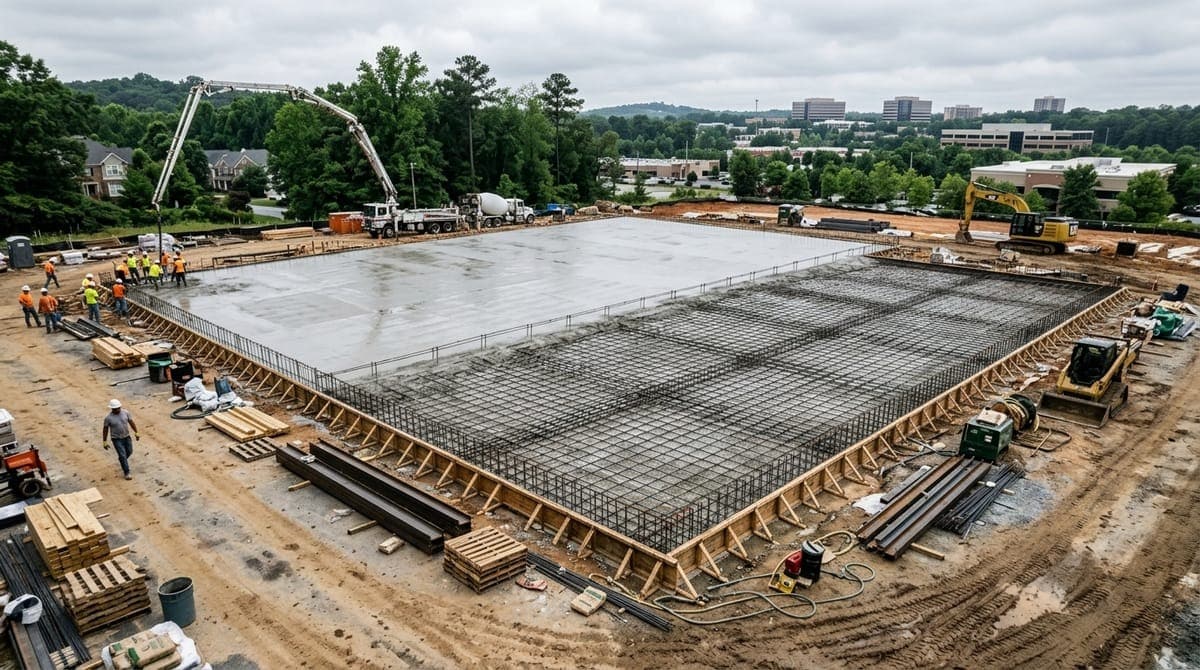 Commercial concrete slab with rebar reinforcement at North Metro Atlanta construction site