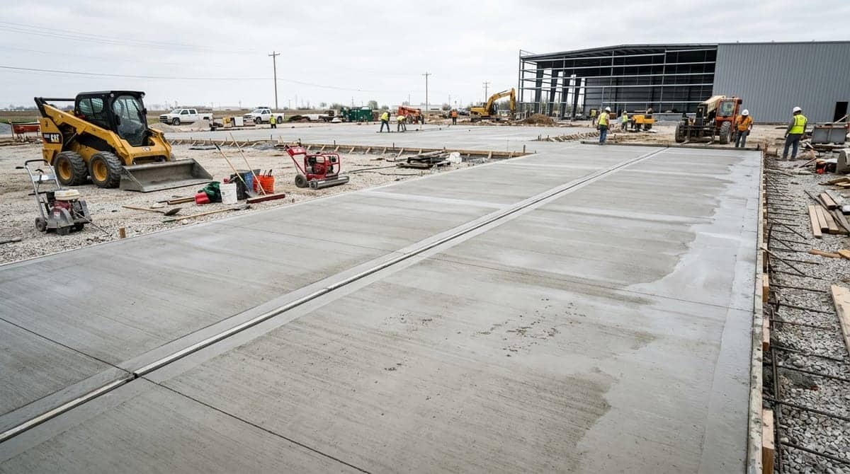 Commercial concrete slab curing on construction site with expansion joints and construction equipment