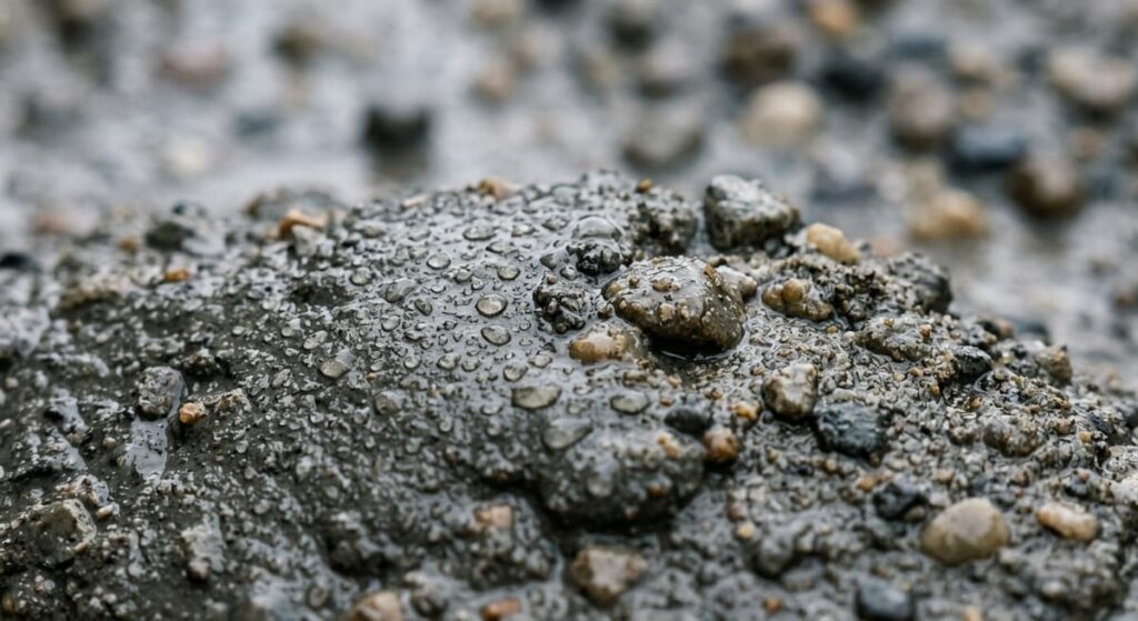 How Long Does a Commercial Concrete Slab Take to Cure? Complete Timeline and Strength Development Guide 1 Wet concrete surface with water droplets showing hydration process during concrete curing timeline