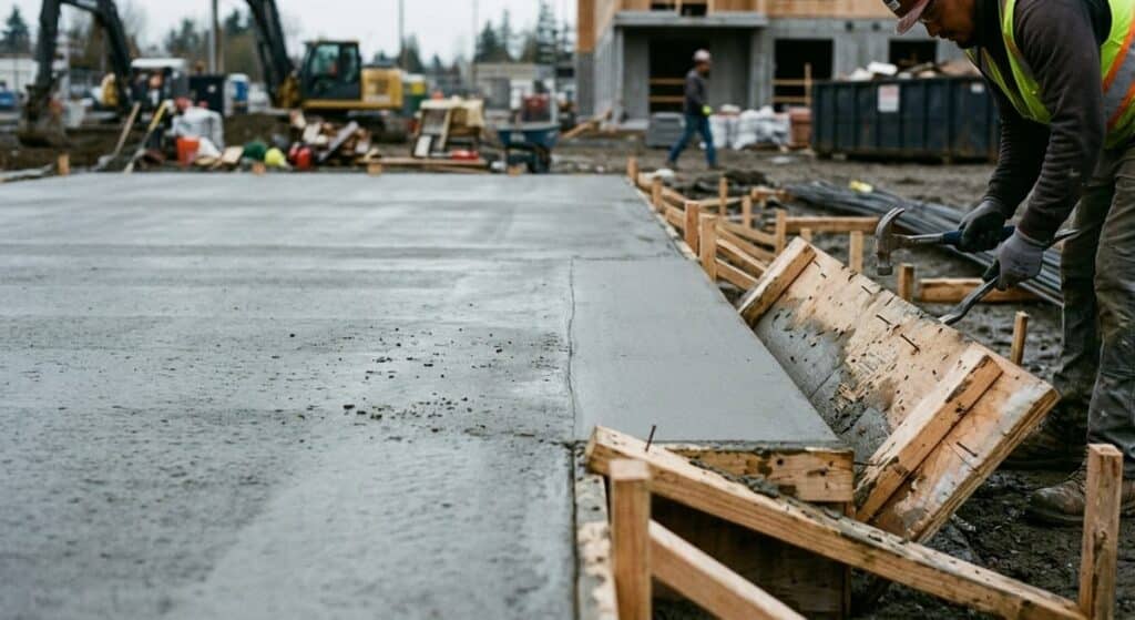 How Long Does a Commercial Concrete Slab Take to Cure? Complete Timeline and Strength Development Guide 2 Wooden forms being removed from cured concrete slab after 48 hours showing initial set completion