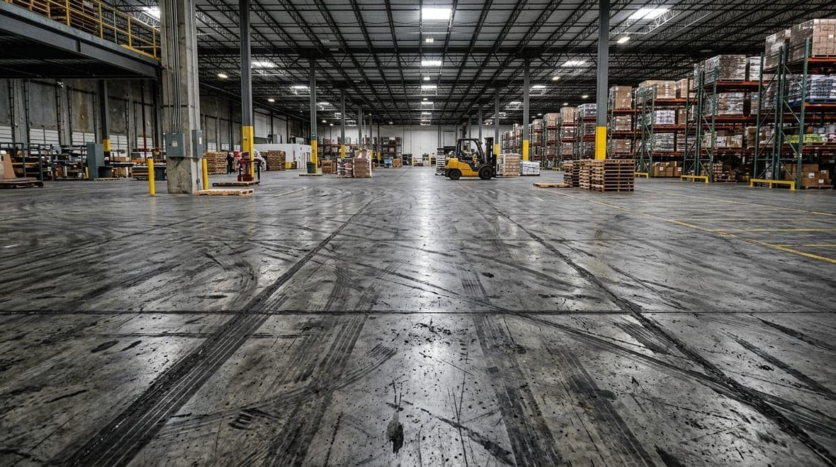 Industrial concrete slab floor with forklift tire marks showing heavy equipment traffic patterns and wear