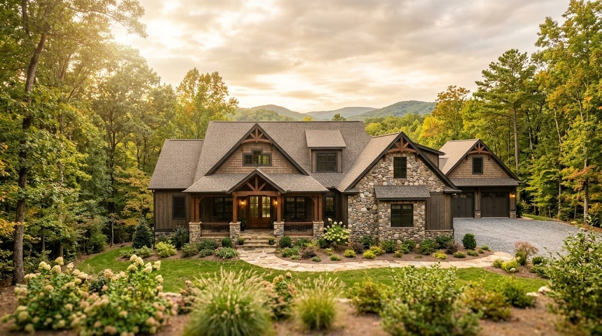 Newly built custom home in North Georgia with stone facade and covered porch surrounded by wooded acreage