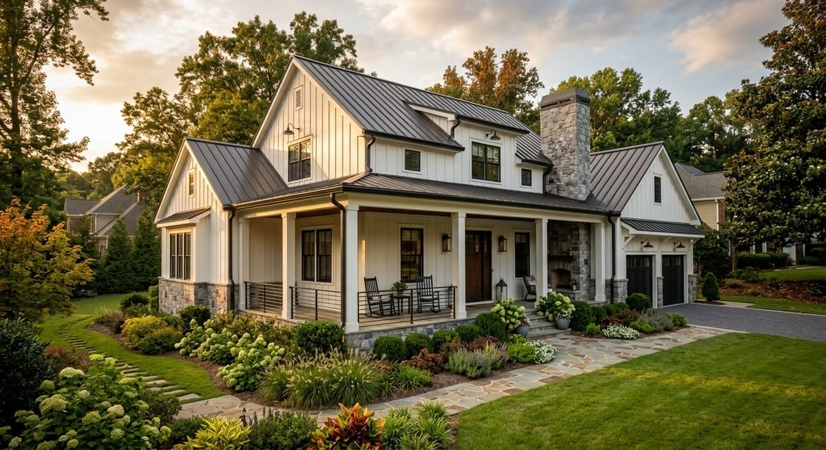Luxury custom-built modern farmhouse home in Alpharetta GA with stone accents, covered porch, and professional landscaping