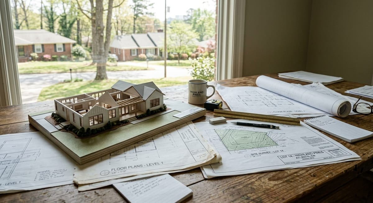 Custom home blueprints and floor plan model during pre-construction planning phase for a metro Atlanta new build