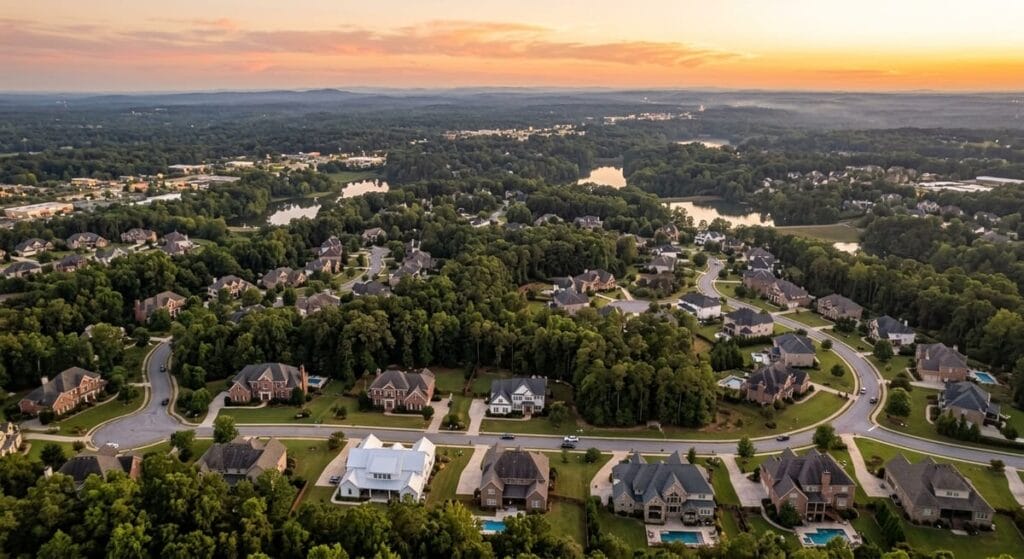 Best Custom Home Builder in Alpharetta, GA | Artistic Construction 1 Aerial view of custom home neighborhoods across North Metro Atlanta including Alpharetta Milton and Roswell communities