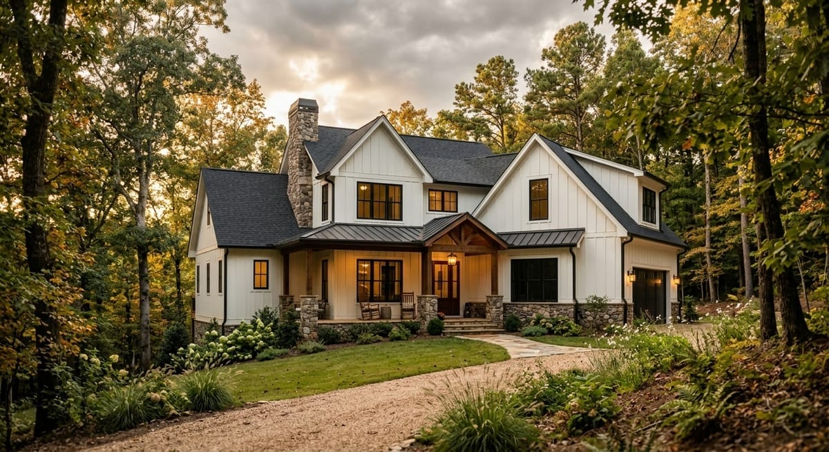 Newly built custom home in Cumming GA with modern farmhouse exterior on wooded lot showcasing award-winning craftsmanship