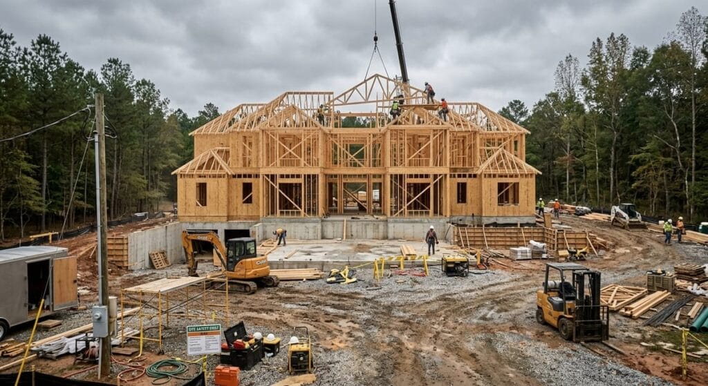 Best Custom Home Builder in Alpharetta, GA | Artistic Construction 2 Custom home building process in Alpharetta GA showing structural framing and foundation during months 4-11 construction phase