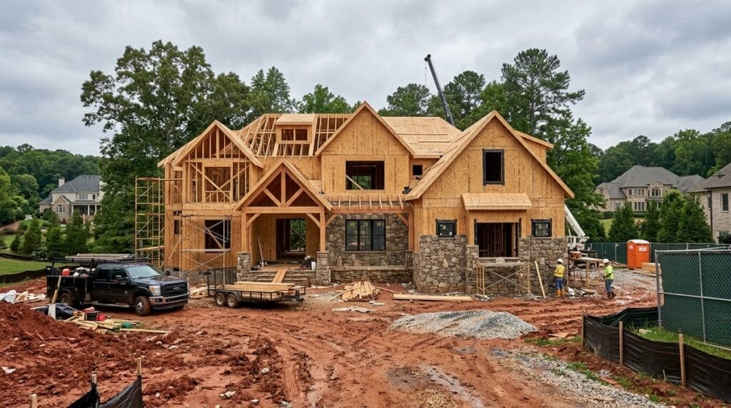 Custom Home Cost Per Square Foot Atlanta 2026 1 Custom home under construction in Atlanta suburbs showing stone facade and timber framing, representing 2025 custom home building costs per square foot