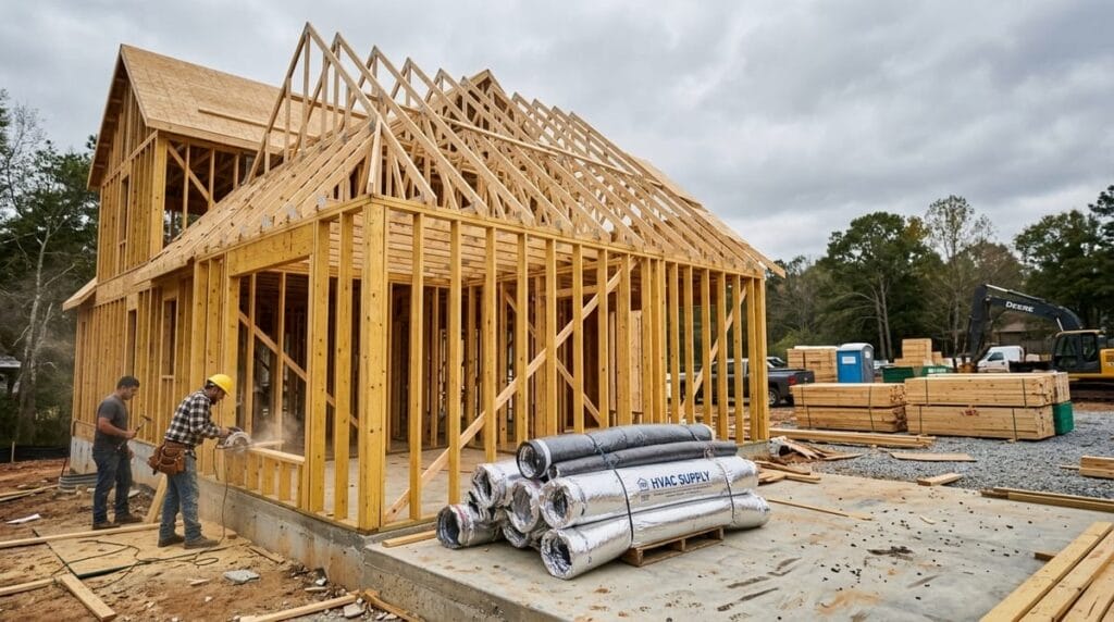 Custom Home Cost Per Square Foot Atlanta 2026 2 New construction home framing with foundation slab, roof trusses, and HVAC ductwork showing Atlanta custom home build inclusions