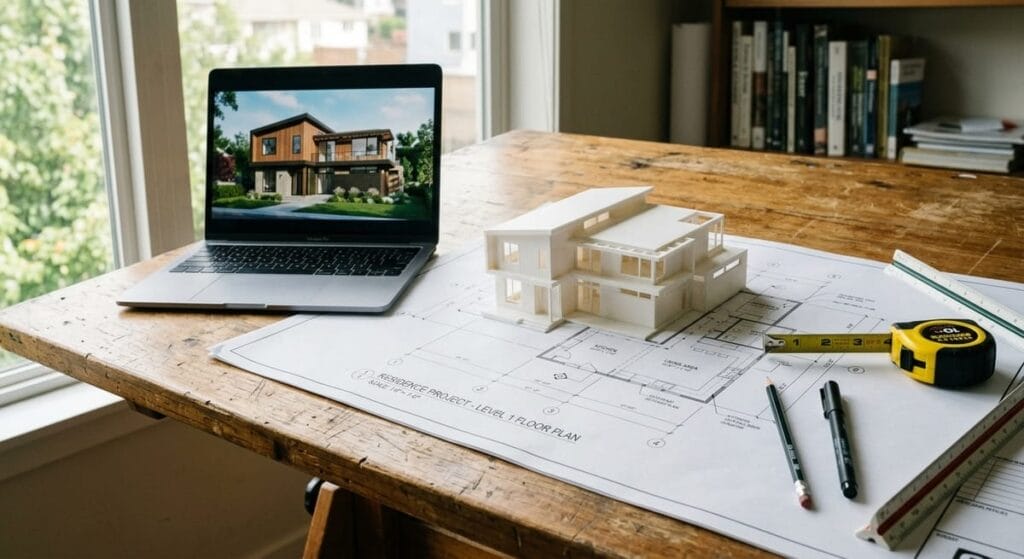 Why is Artistic Construction the Best Custom Home Builders in Canton, GA 3 Custom home building process materials including blueprints and 3D rendering model for Canton GA home construction planning