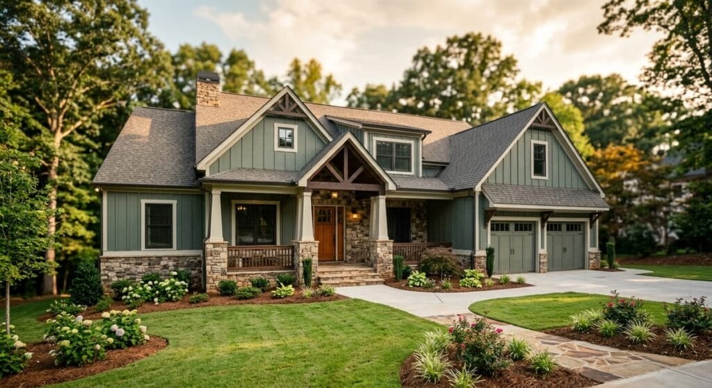 Why is Artistic Construction the Best Custom Home Builders in Canton, GA 1 Newly built custom home in Canton GA with stone accents and craftsman-style siding glowing in warm afternoon light