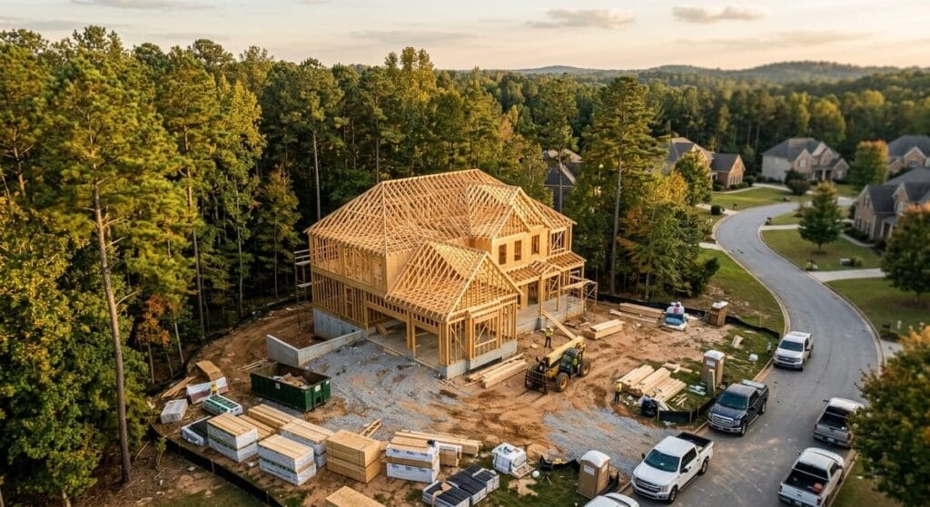 Why is Artistic Construction the Best Custom Home Builders in Canton, GA 2 Custom home framing under construction in Canton GA neighborhood, showcasing local home builder expertise in Cherokee County
