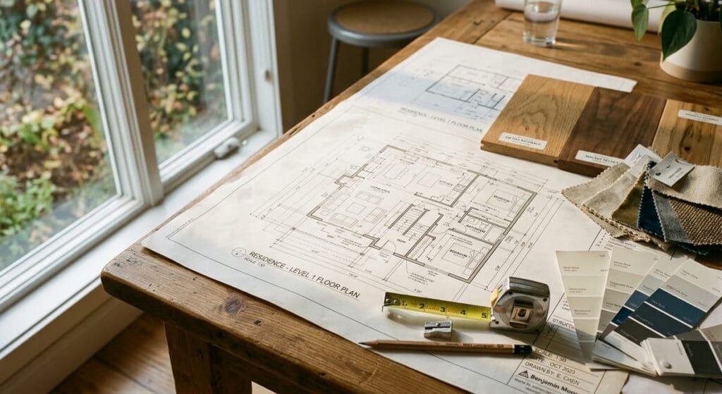 Custom Home Builder vs General Contractor 2 Custom home builder blueprints and material samples for new construction design planning in North Atlanta