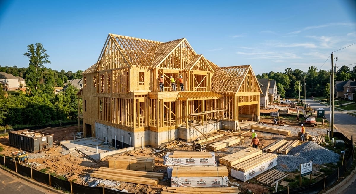 Custom home framing under construction in Metro Atlanta suburb, representing fixed price vs cost plus building contracts