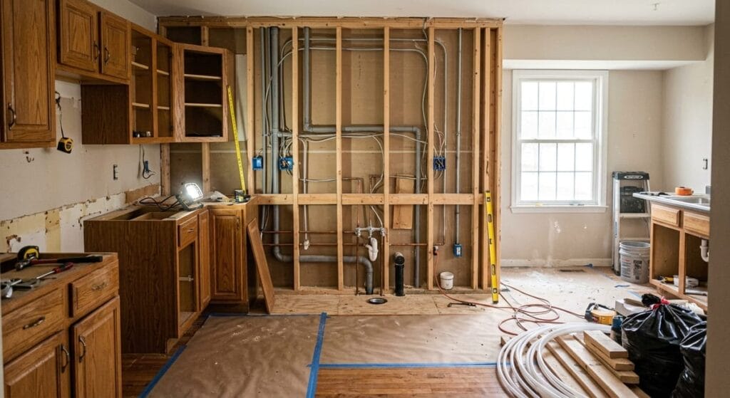 Custom Home Builder vs General Contractor 3 General contractor kitchen renovation with exposed wall framing, electrical rough-in, and plumbing visible during remodel