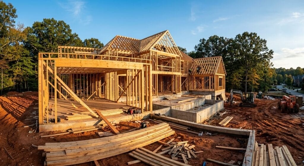 Custom Home Builder vs General Contractor 1 Custom home framing under construction in North Atlanta with exposed wood structure and red clay lot in Cherokee County