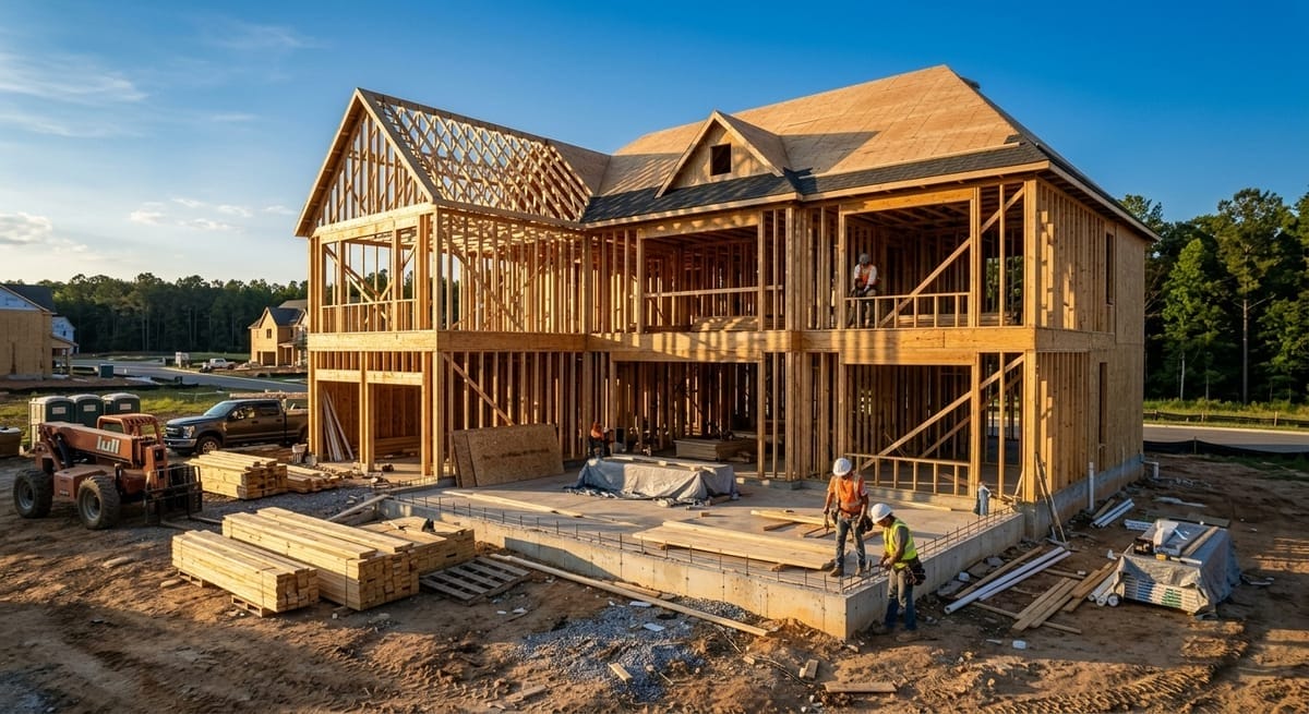 Custom home construction framing in Metro Atlanta with exposed wood structure and concrete foundation during active build phase