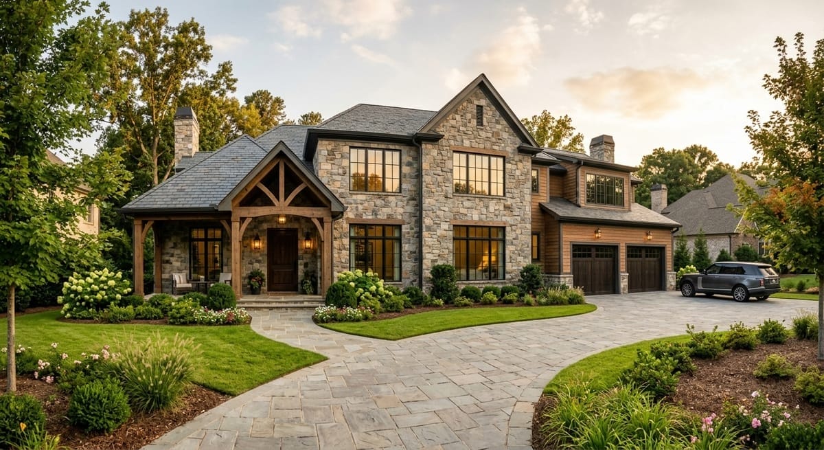 Luxury custom home exterior in Johns Creek GA with stone facade, covered porch, and manicured landscaping at golden hour