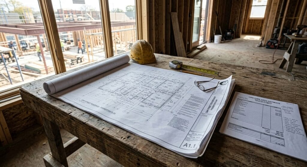 Who is the Best Custom Home Builder in Johns Creek GA? 1 Custom home building blueprints and detailed cost estimate on job site table in Johns Creek GA construction project