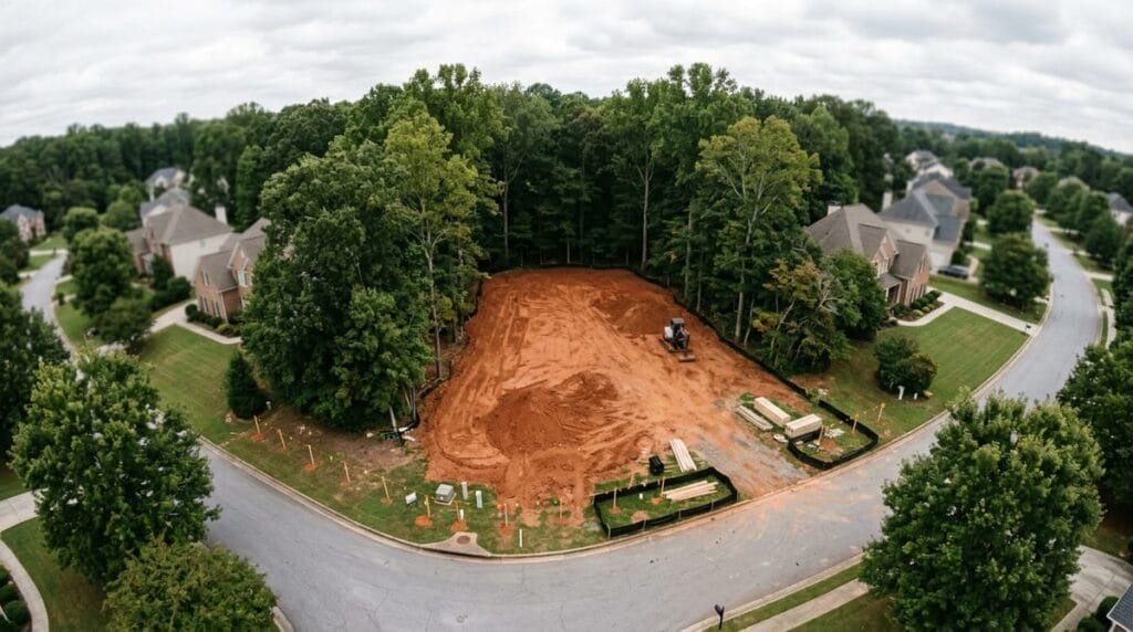 Who is the Best Custom Home Builder in Johns Creek GA? 3 Wooded residential lot in Johns Creek GA with cleared area and utility markers for custom home construction on your land