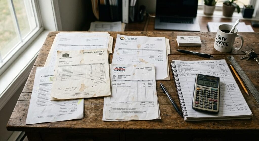 Fixed Price vs Cost Plus Custom Home Contracts 2 Cost plus contract documents showing itemized construction receipts and invoices spread across a builder's desk