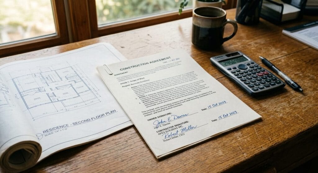 Fixed Price vs Cost Plus Custom Home Contracts 1 Fixed price contract documents with blueprints and calculator on desk representing agreed-upon custom home building costs