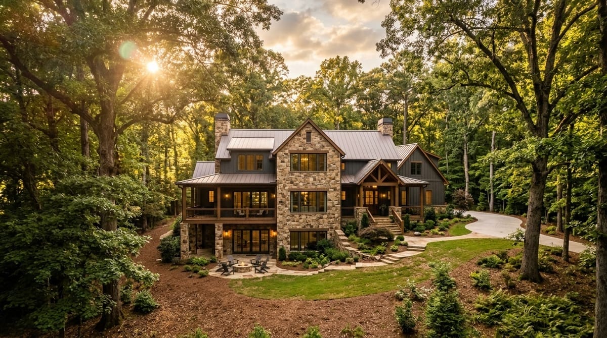 Luxury custom home built among mature hardwoods on wooded lot in Milton GA with stone facade and walkout basement