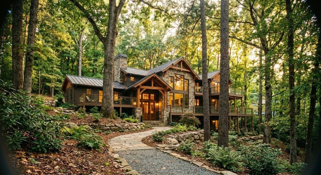 Building A Custom Home Builder in Milton GA 1 Custom home builder Milton GA luxury house built on wooded sloped lot surrounded by preserved hardwood trees