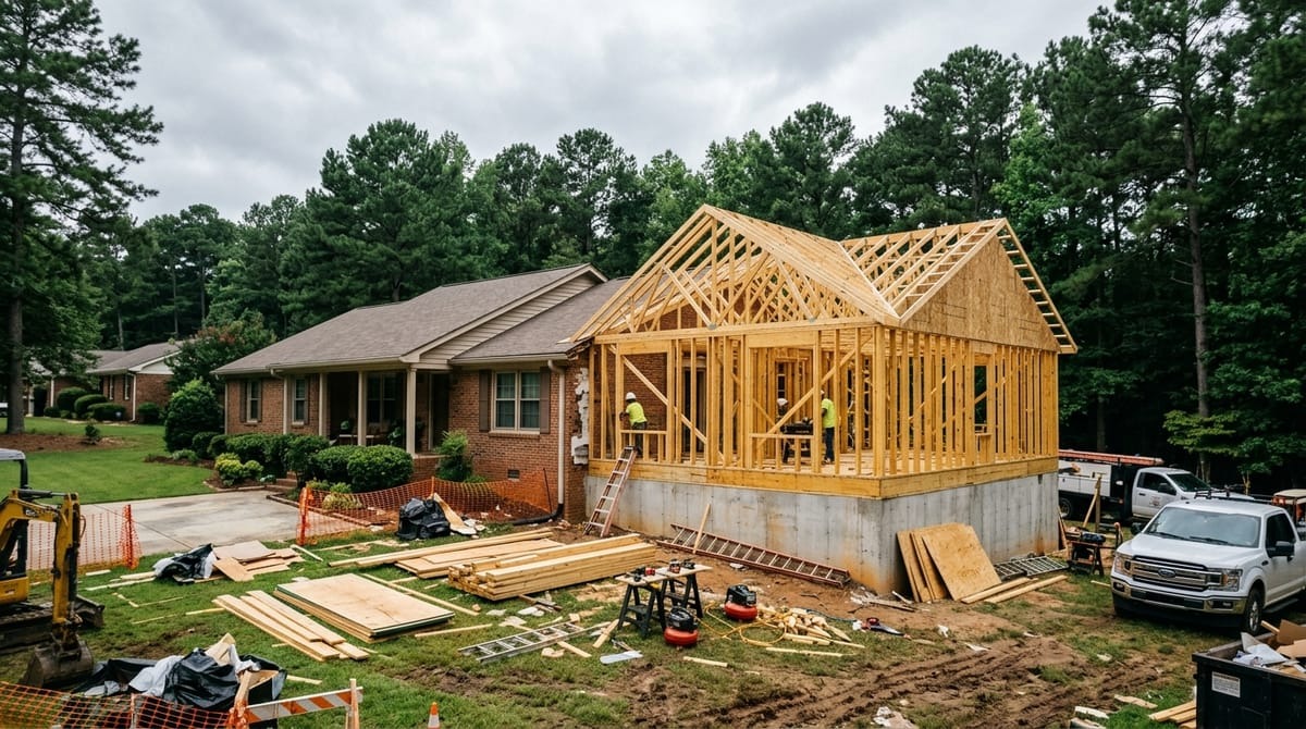 Home addition under construction on a brick Atlanta-area suburban house with wood framing and new foundation
