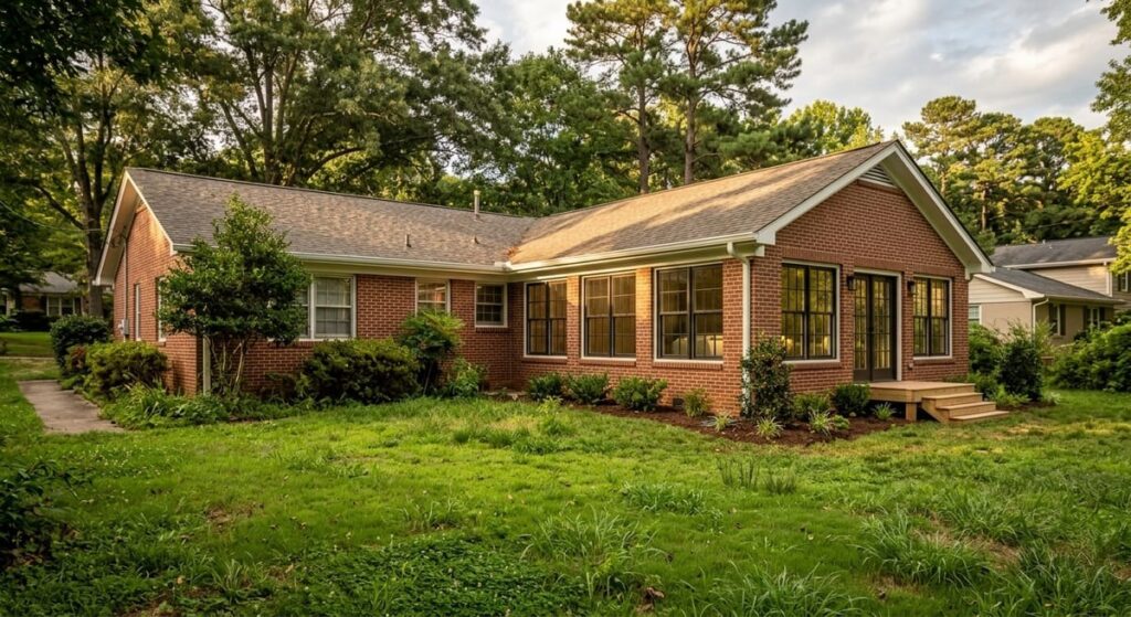 Is a Home Addition Worth It? An Honest Answer for Atlanta-Area Homeowners 1 New primary suite home addition attached to brick ranch house in Cherokee County neighborhood showing expanded square footage
