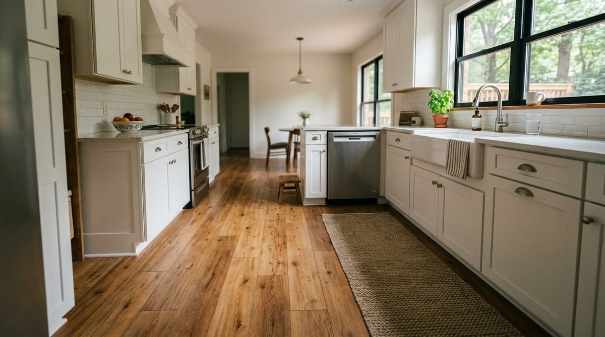 Luxury vinyl plank kitchen flooring in a North Atlanta home showing waterproof surface under warm natural light
