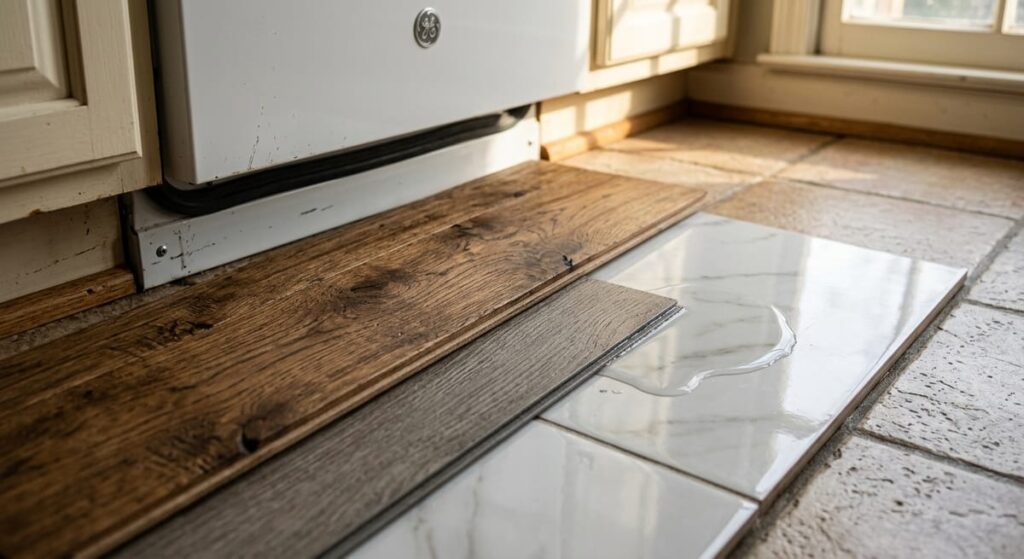 The Best Kitchen Flooring for Georgia Homes: What Actually Holds Up in Atlanta's Climate 1 Kitchen flooring material samples near dishwasher showing water resistance considerations for Georgia homes