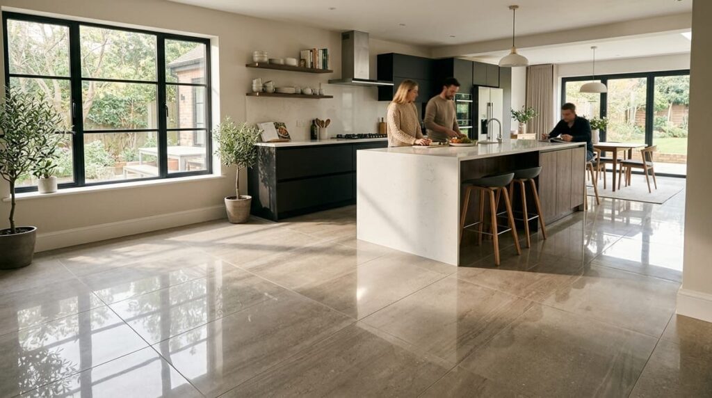 The Best Kitchen Flooring for Georgia Homes: What Actually Holds Up in Atlanta's Climate 3 Large-format porcelain tile kitchen floor with minimal grout lines in a Georgia home kitchen with natural light