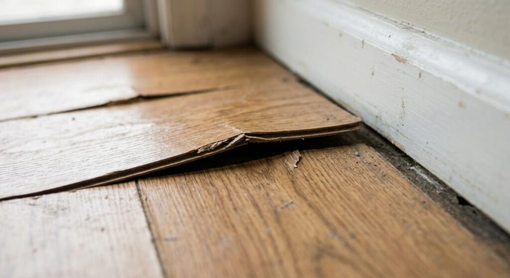 The Best Kitchen Flooring for Georgia Homes: What Actually Holds Up in Atlanta's Climate 5 Warped and delaminated laminate kitchen flooring showing moisture damage and swelling near baseboard edges