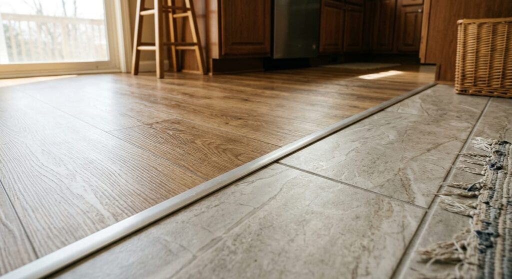 The Best Kitchen Flooring for Georgia Homes: What Actually Holds Up in Atlanta's Climate 2 Side-by-side comparison of luxury vinyl plank and porcelain tile kitchen flooring options in a North Atlanta home